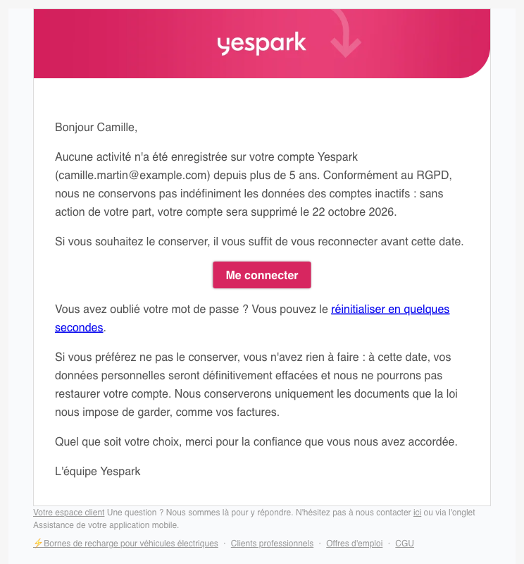 Exemple de l'e-mail de prévenance envoyé 30 jours avant la suppression d'un compte inactif