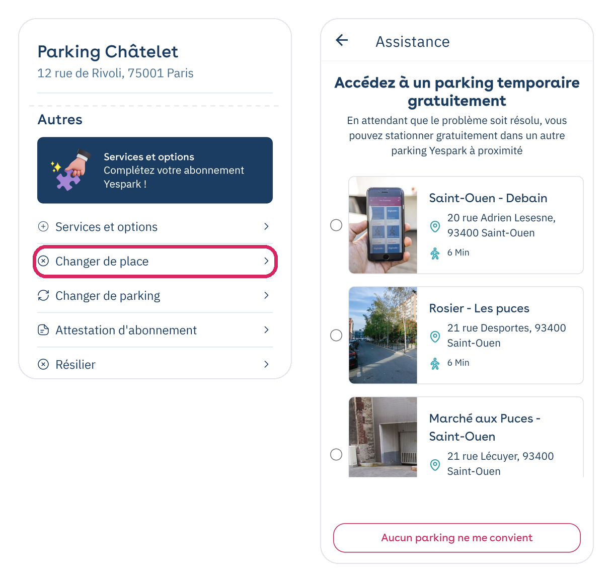 Application Yespark : Changer de place, et parkings temporaires proposés à proximité