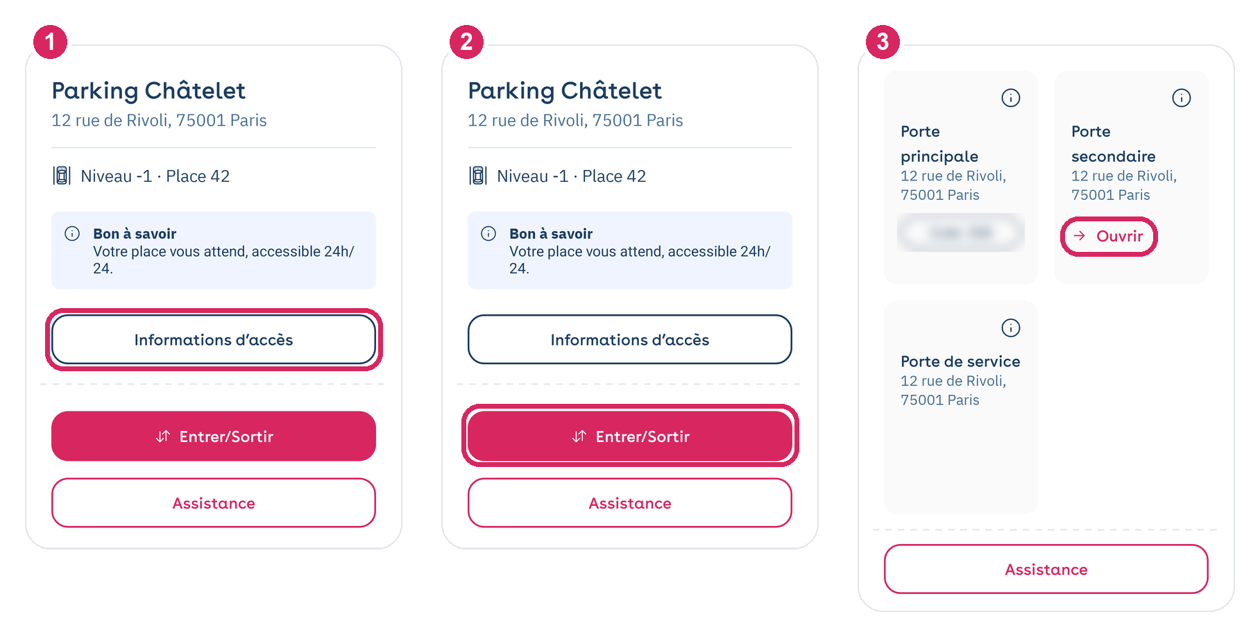 Application Yespark : Informations d’accès, bouton Entrer/Sortir, puis Ouvrir sur la porte