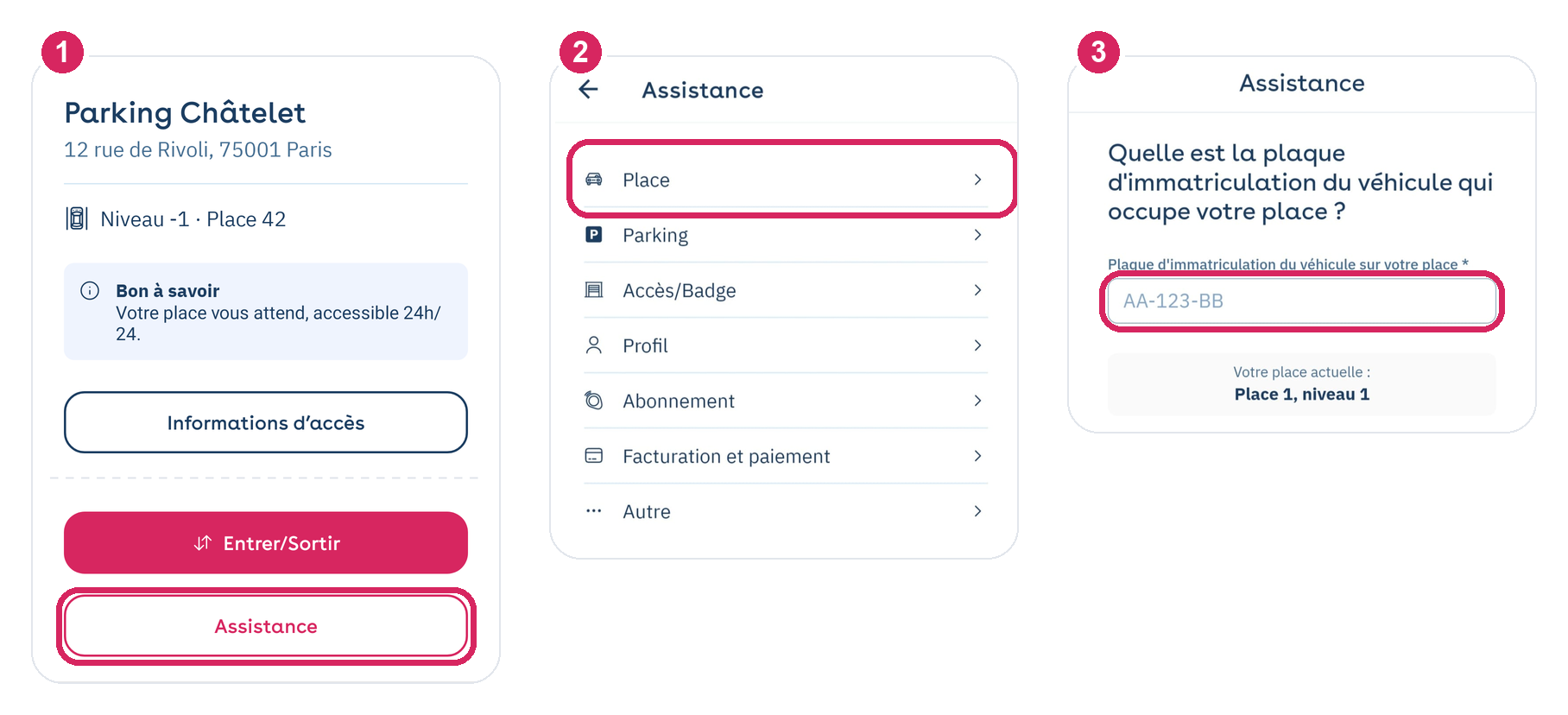App Yespark: Asistencia, categoría Plaza de parking y, después, matrícula del vehículo