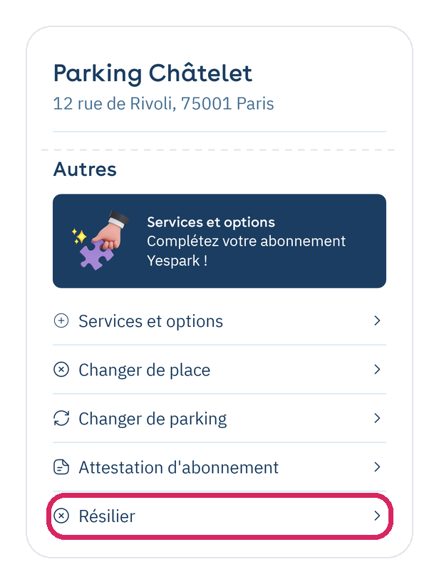 Application Yespark : écran de votre abonnement, bouton Résilier tout en bas