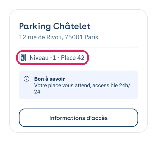 Application Yespark&nbsp;: niveau et numéro de la place attribuée, sur la page de l’abonnement
