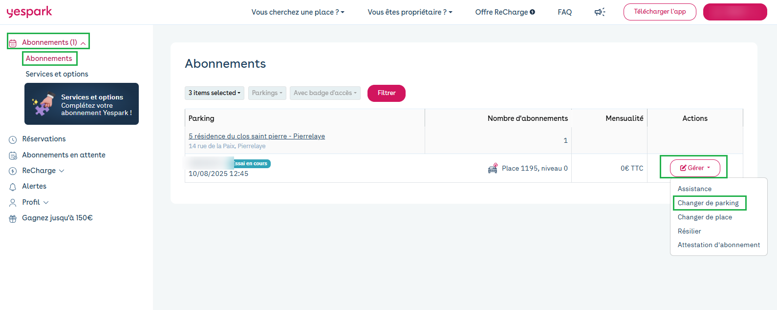 Espace client web : liste des abonnements, menu Gérer ouvert avec Changer de parking encadré