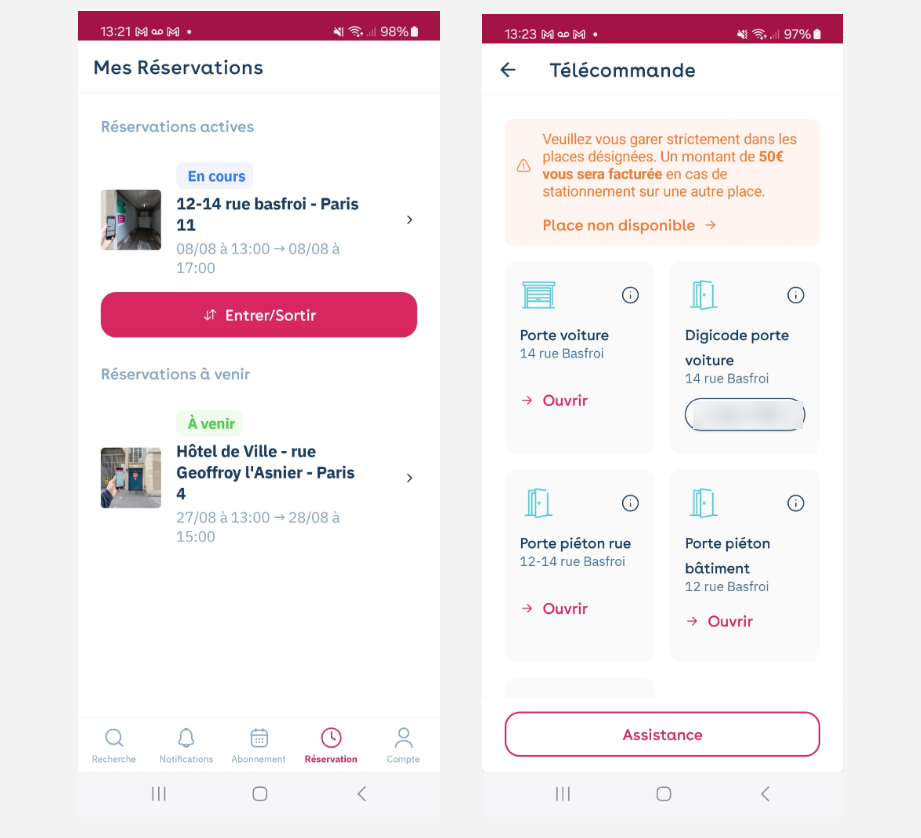 App Yespark: Mis reservas con el botón Entrar / Salir y después Mando con la lista de puertas que abrir