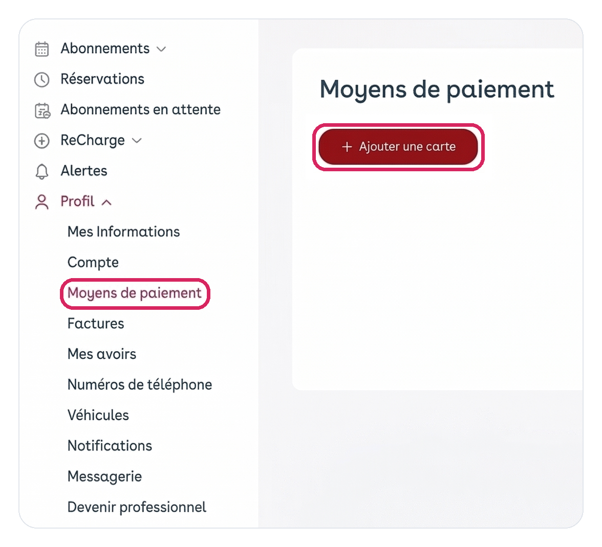 Espace client web : menu Profil, Moyens de paiement, bouton Ajouter une carte