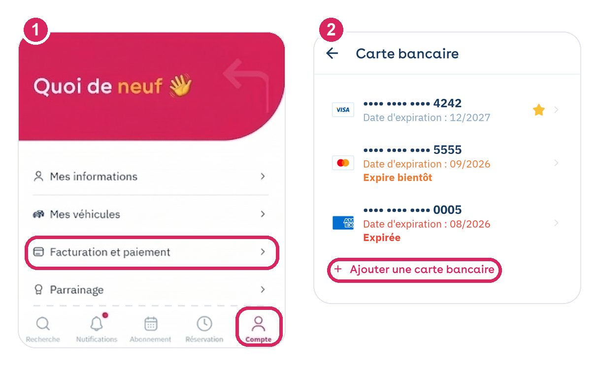 Aplicação Yespark: separador Account, Payment e, depois, Add a credit card