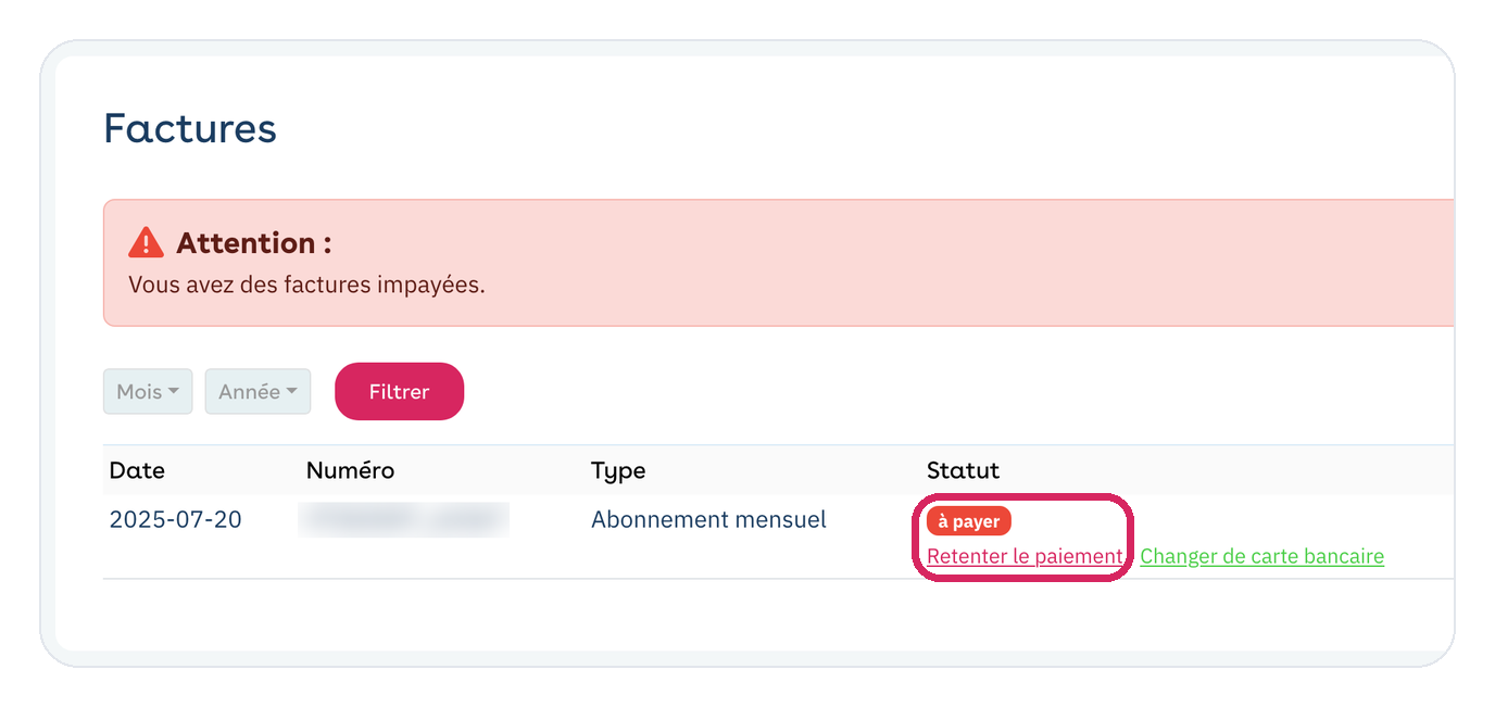 Área de cliente na web: fatura por pagar no separador Factures, ligação Retenter le paiement