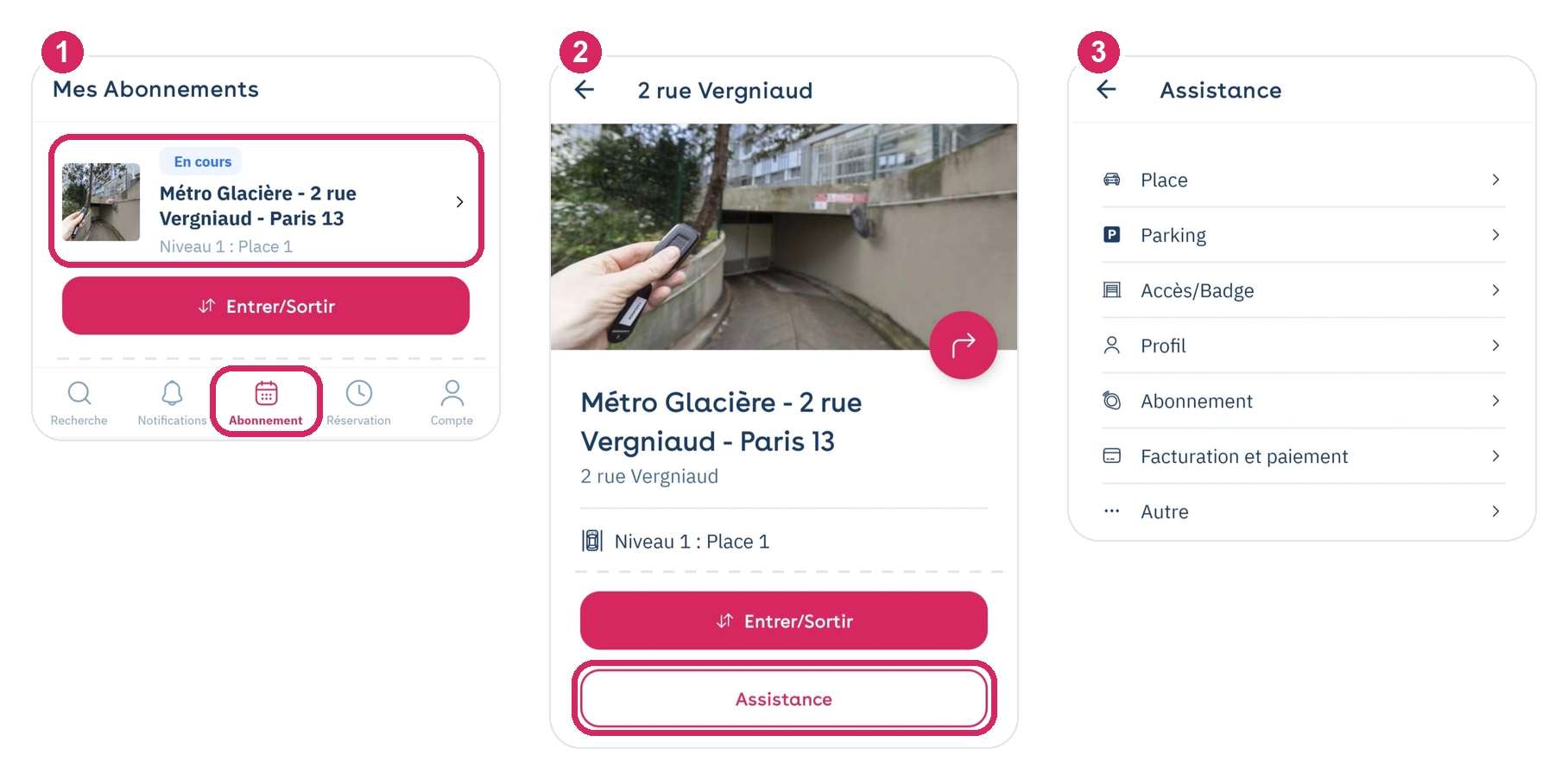 Yespark app: Subscription tab, your subscription, Assistance button, then the seven Assistance categories