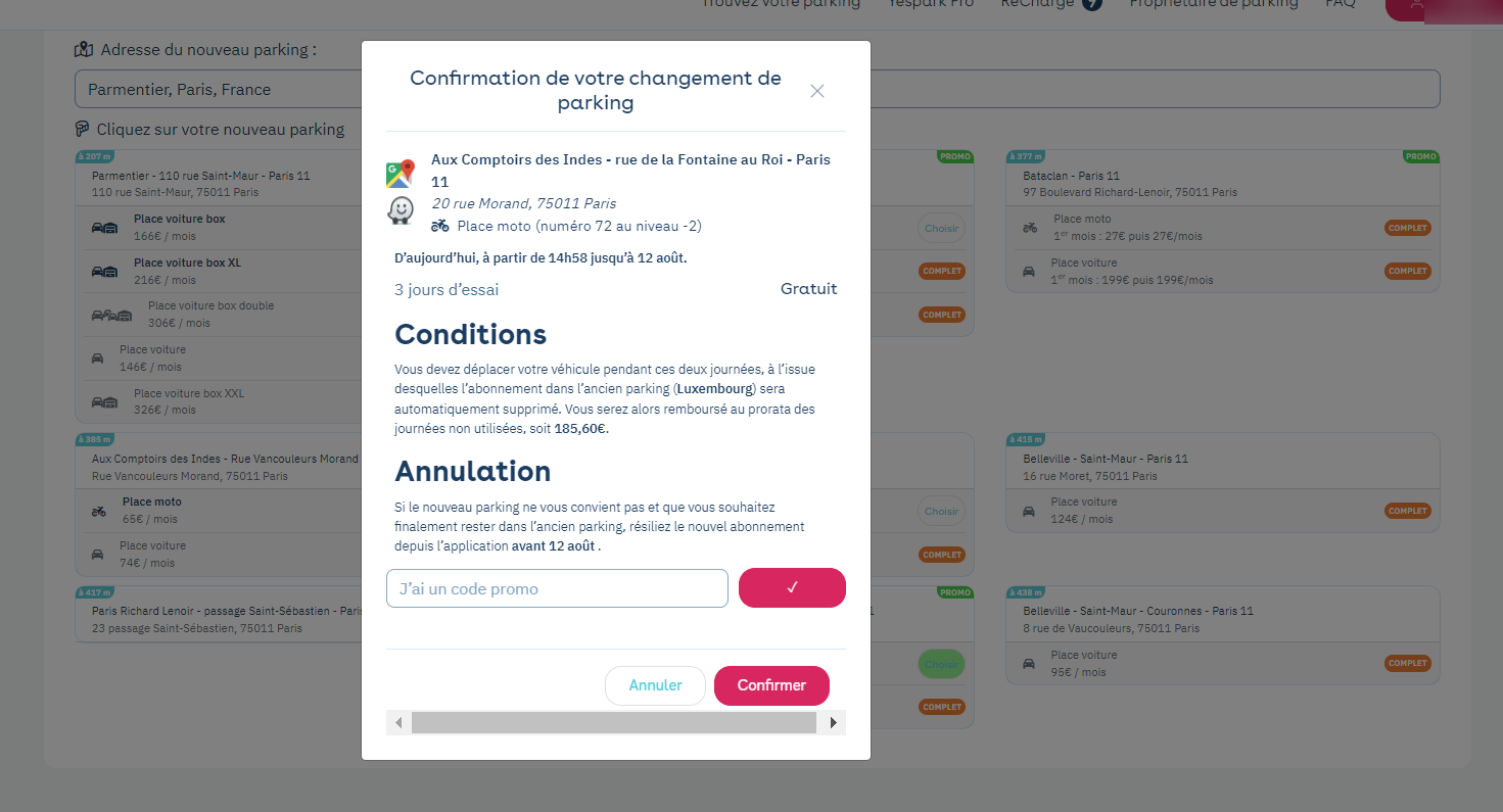 Web de Yespark: ventana Confirmación de tu cambio de parking, delante de la lista de parkings cercanos