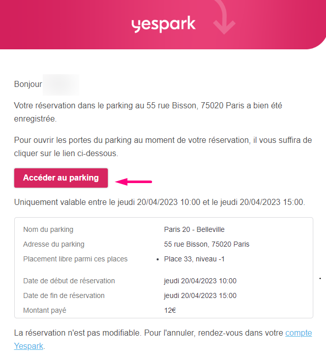 E-mail de confirmation de réservation courte durée, bouton Accéder au parking fléché