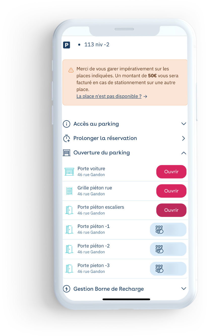 Application Yespark : accès d'une réservation, boutons Ouvrir des portes, codes piétons et gestion de la borne de recharge
