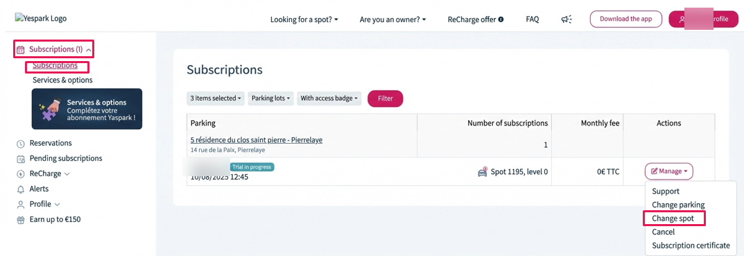 Web account Subscriptions page: the Subscriptions menu and the Change spot option of the Manage menu are outlined in pink