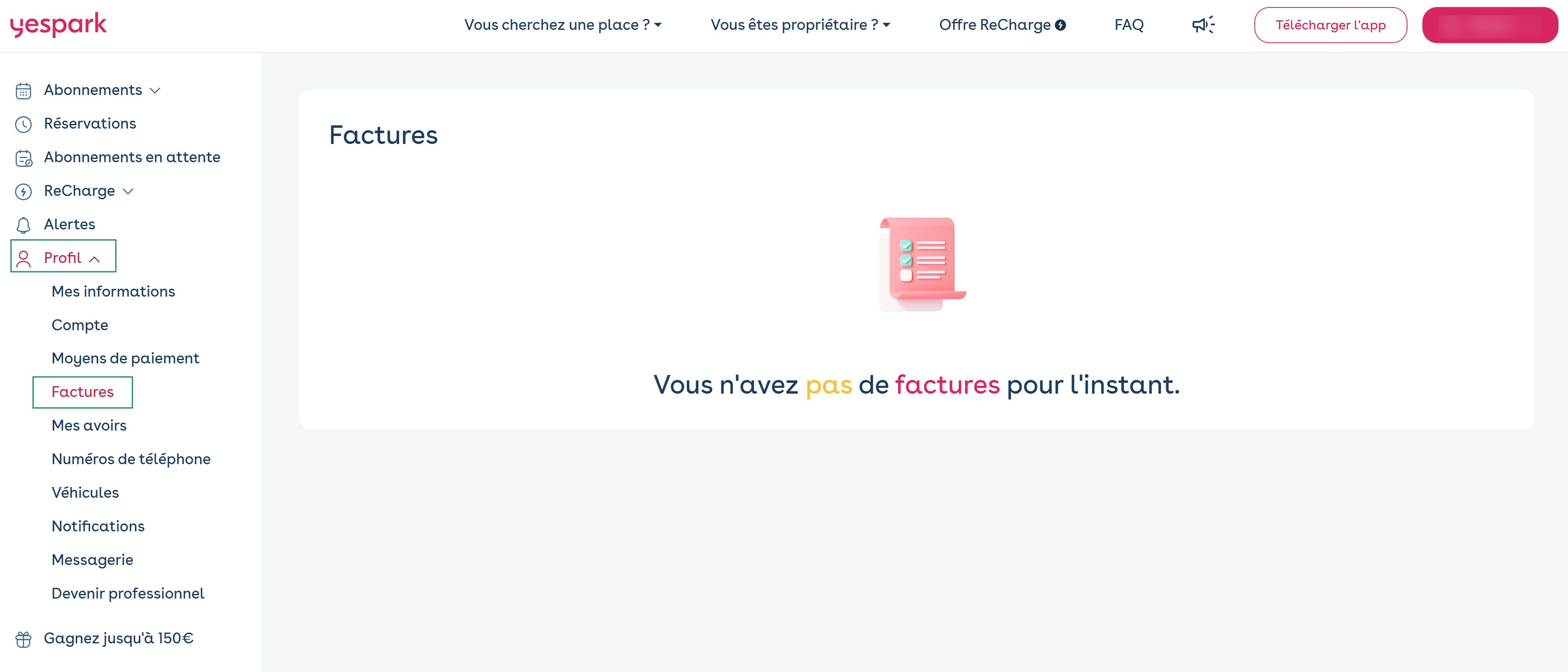Área de cliente na web: menu Profil > Factures assinalado e página Factures