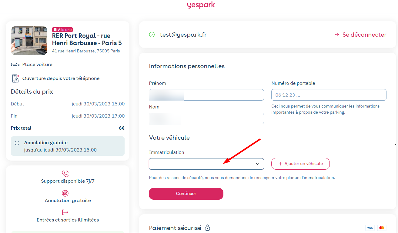 Yespark-Website: Kurzzeitbuchung, Feld Kennzeichen unter den persönlichen Daten mit Pfeil markiert