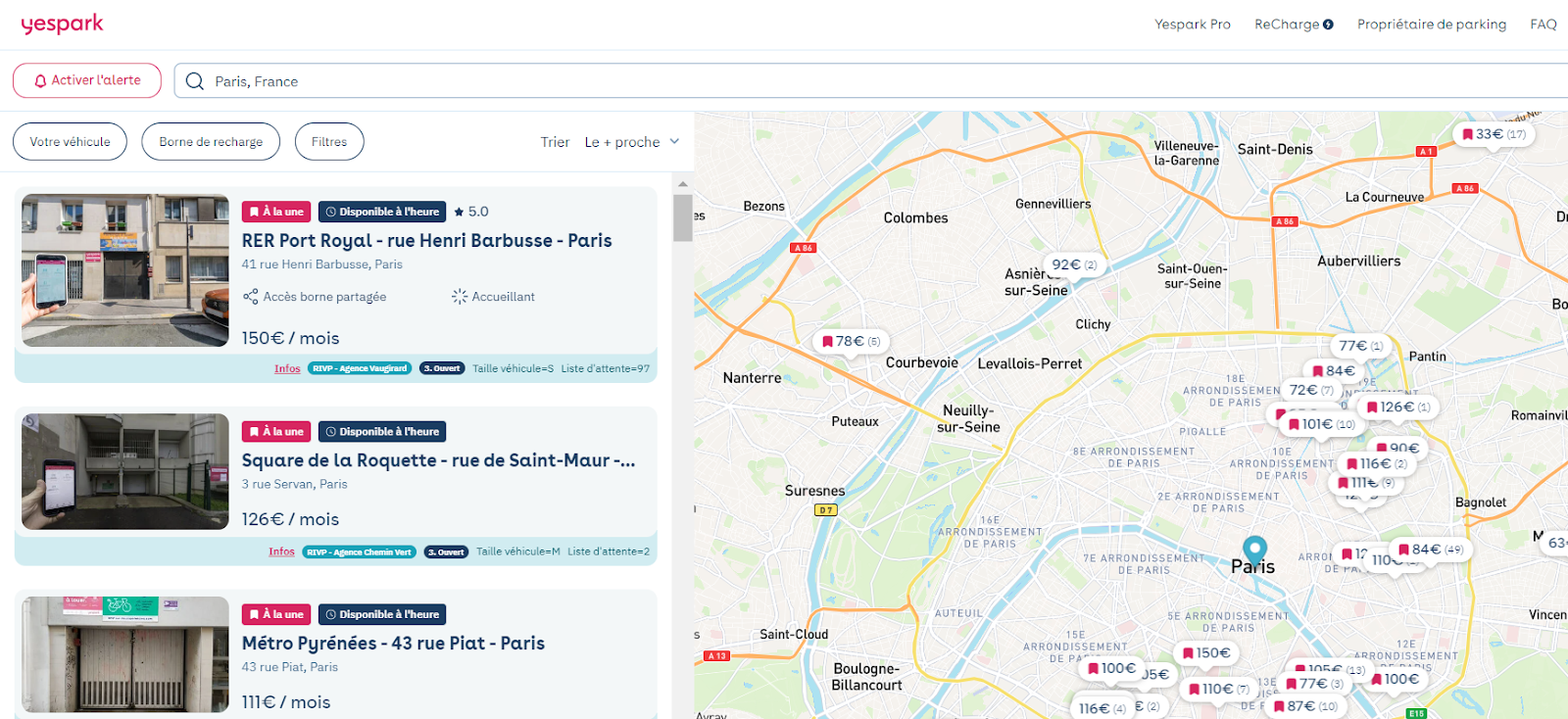 Web de Yespark: resultados de búsqueda en París, parkings disponibles por horas y mapa de precios