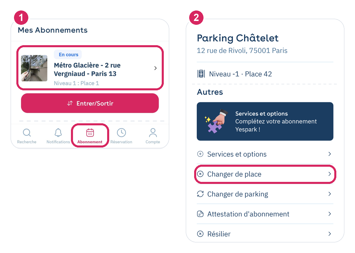 Yespark-App: Tab Abo, dein Abo, dann Platz wechseln unten auf der Seite