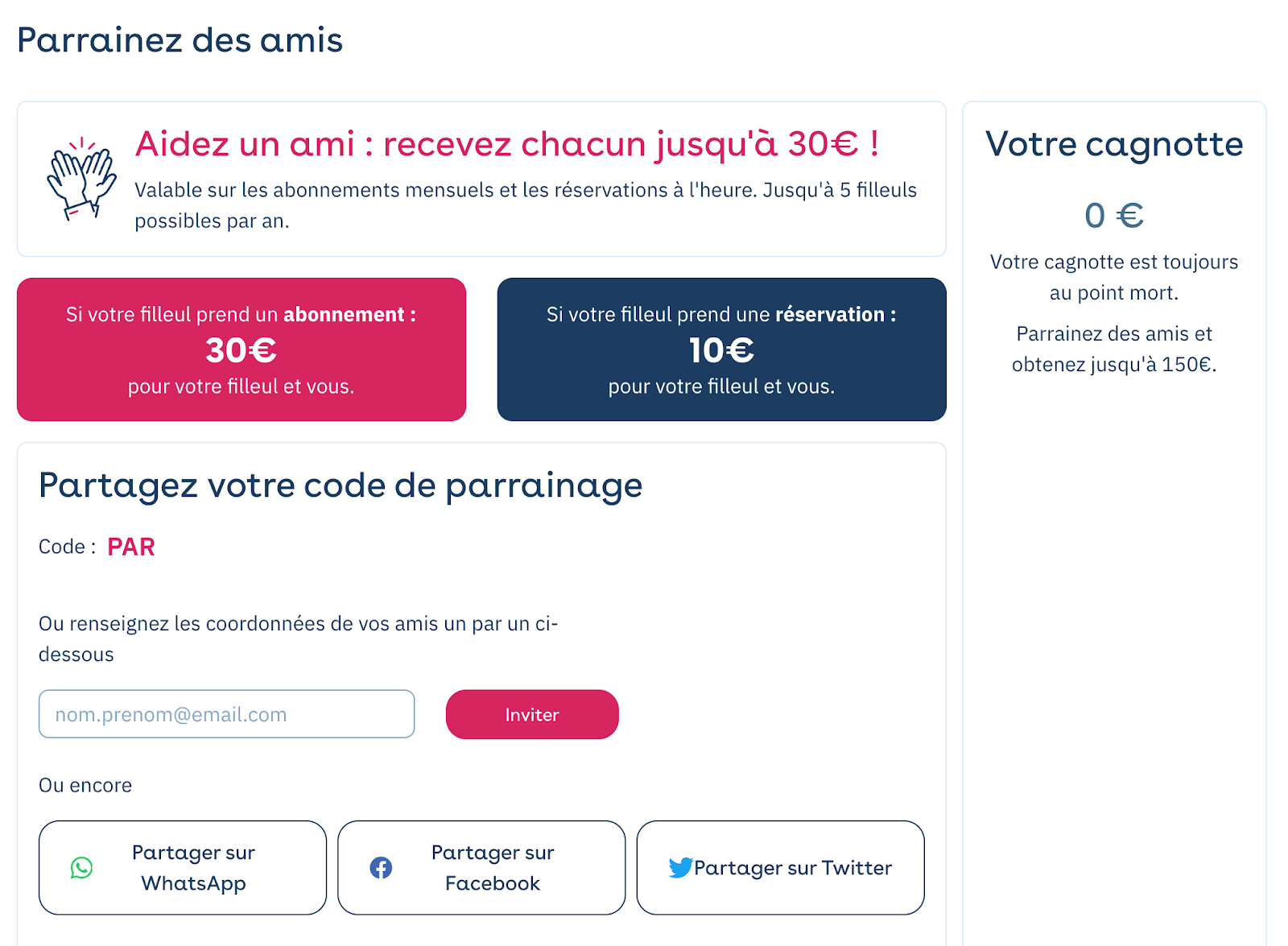 Área de cliente no site: página de recomendação de amigos com os ganhos, o código de recomendação e os botões de partilha