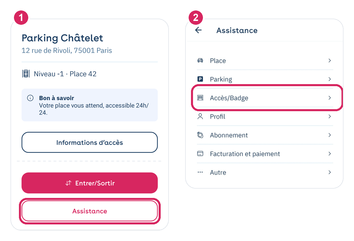 Aplicação Yespark: botão Assistance e, depois, categoria Access