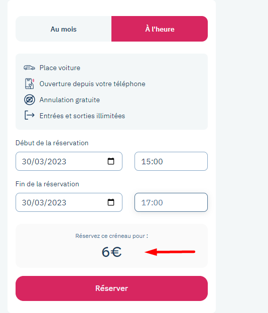 Yespark-Parking-Seite: Tab Stundenweise, Auswahl von Beginn und Ende, Preis des Zeitraums mit Pfeil markiert