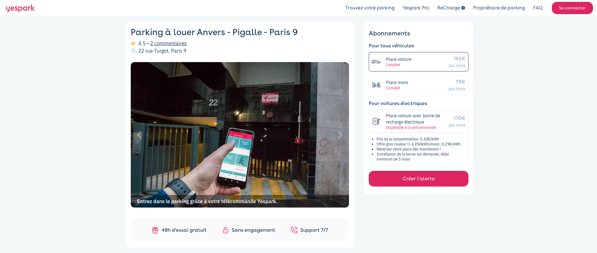 Ficha del parking en el sitio web de Yespark: plazas indicadas como completas y botón para crear una alerta