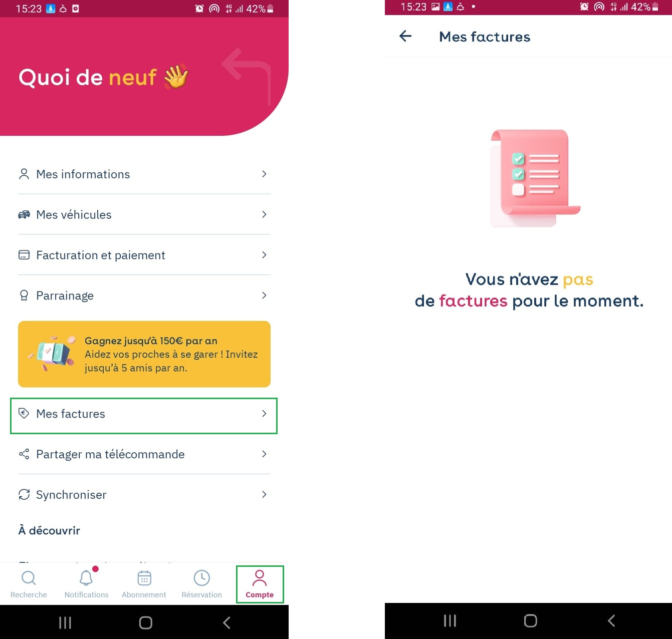 App Yespark: Mi cuenta, Mis facturas y, después, la pantalla de facturas (vacía aquí)