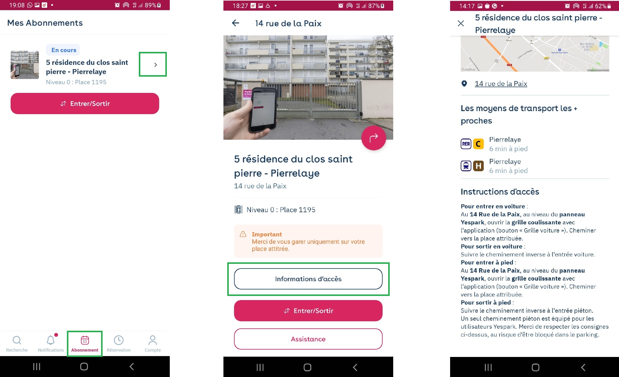 Yespark app: from My subscriptions to the access instructions, via the Parking Access Information button