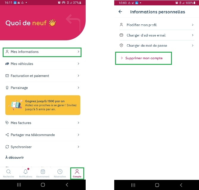 Yespark app: Account, My information, then the highlighted Delete my account link