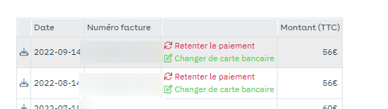 Web customer account: list of invoices, Retry payment and Change credit card links