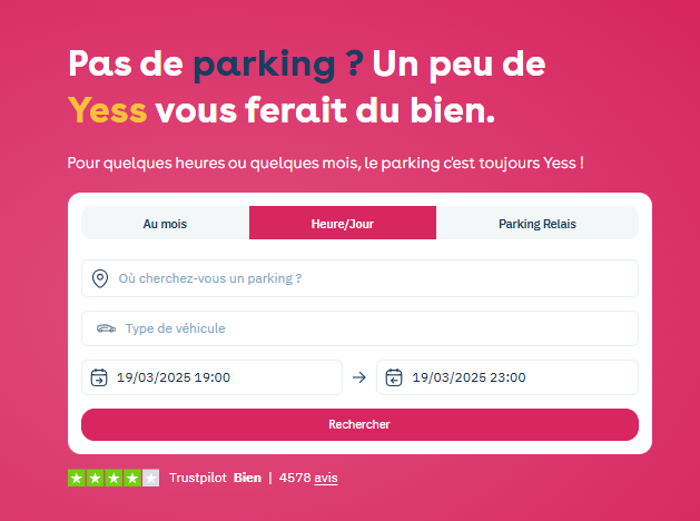 Site da Yespark: formulário de pesquisa, separador Heure/Jour com morada, tipo de veículo e datas de início e de fim