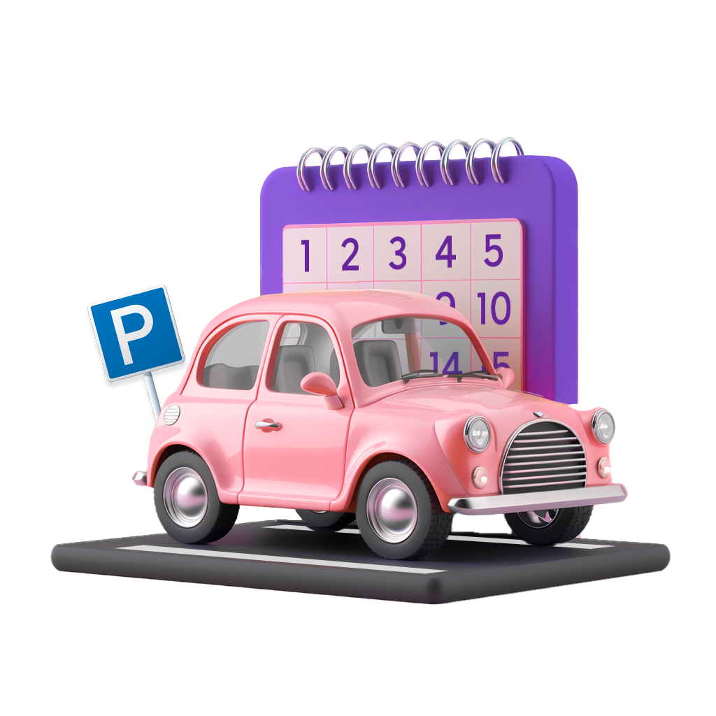 Illustration: pink car parked in front of a P sign and a calendar
