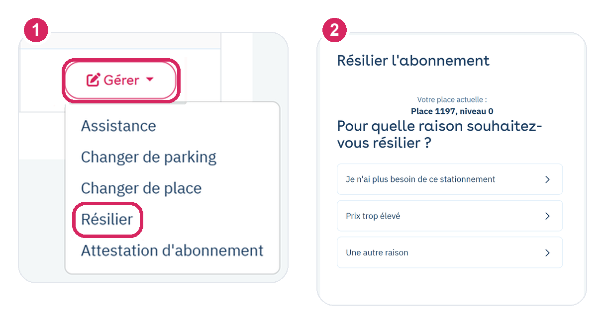 Área de cliente web Yespark: Gestionar, después Dar de baja y elección del motivo de la baja