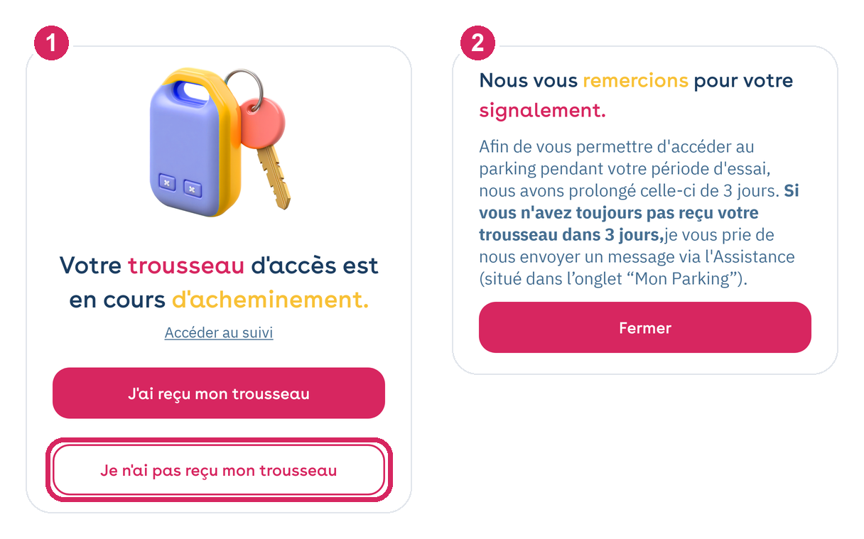 App Yespark: botón para indicar que no se ha recibido el juego de llaves y, después, periodo de prueba ampliado 3 días