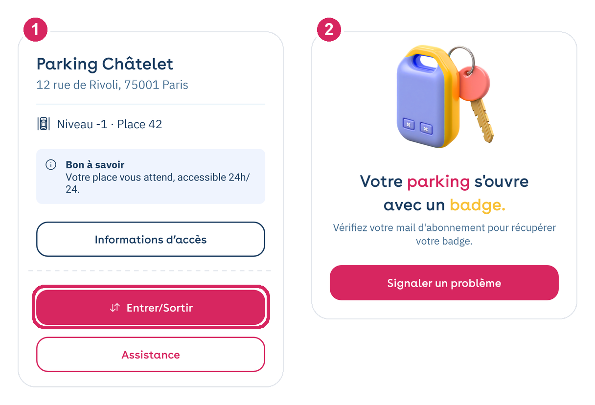 Aplicação Yespark: botão Enter/Exit e, depois, lembrete para consultar o e-mail da assinatura para ir buscar o cartão
