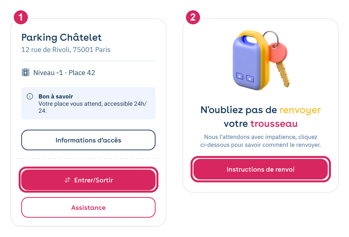 Aplicação Yespark: botão Enter/Exit, depois lembrete de devolução do molho de chaves e botão Return Instructions