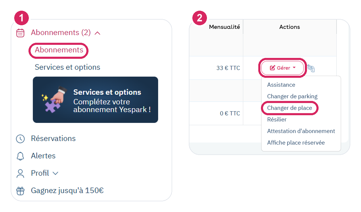 Cuenta web Yespark: menú Abonos, botón Gestionar y, después, Cambiar de plaza