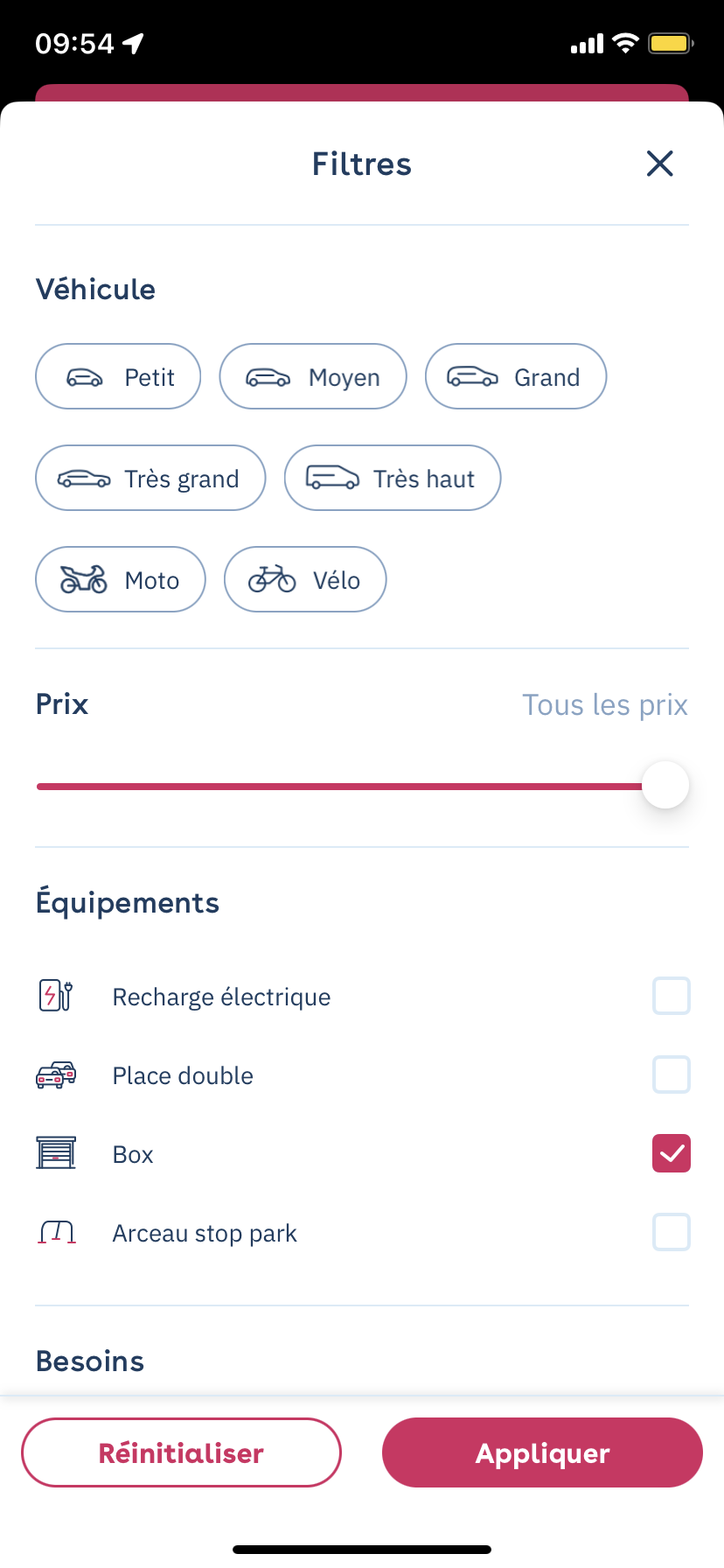 Yespark-App: Bildschirm Filter mit Fahrzeugtyp, Preis und Ausstattung, Option Box ausgewählt