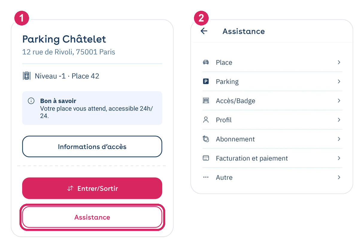 Yespark-App: Schaltfläche Hilfe deines Parkings, dann Menü Hilfe