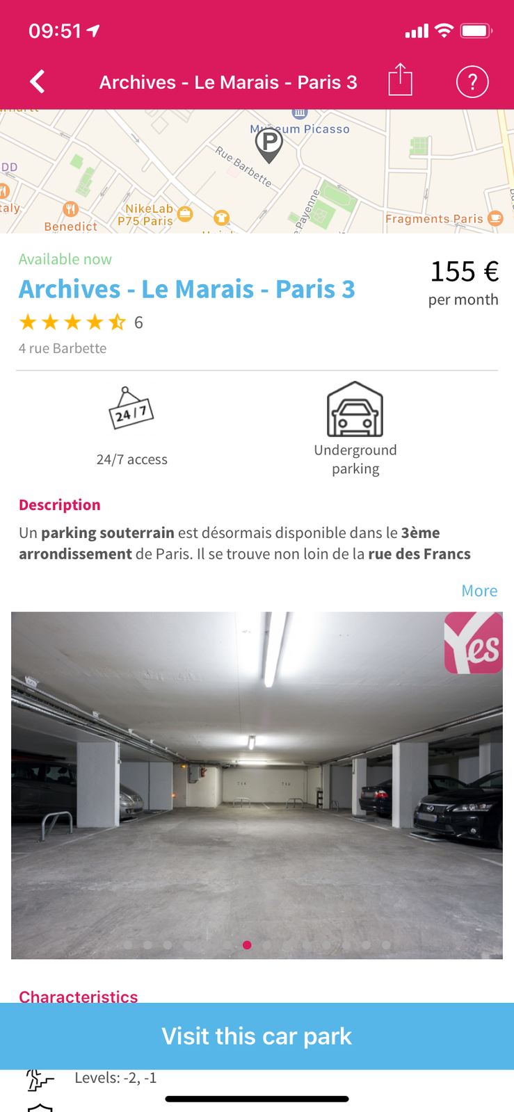 Pagina van een parkeergarage in de app: prijs per maand, kenmerken, foto en de knop “Visit this car park”