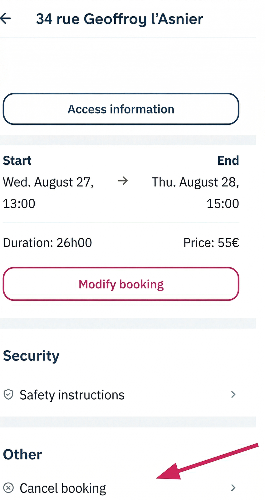 Booking details in the app with an arrow pointing to “Cancel booking”
