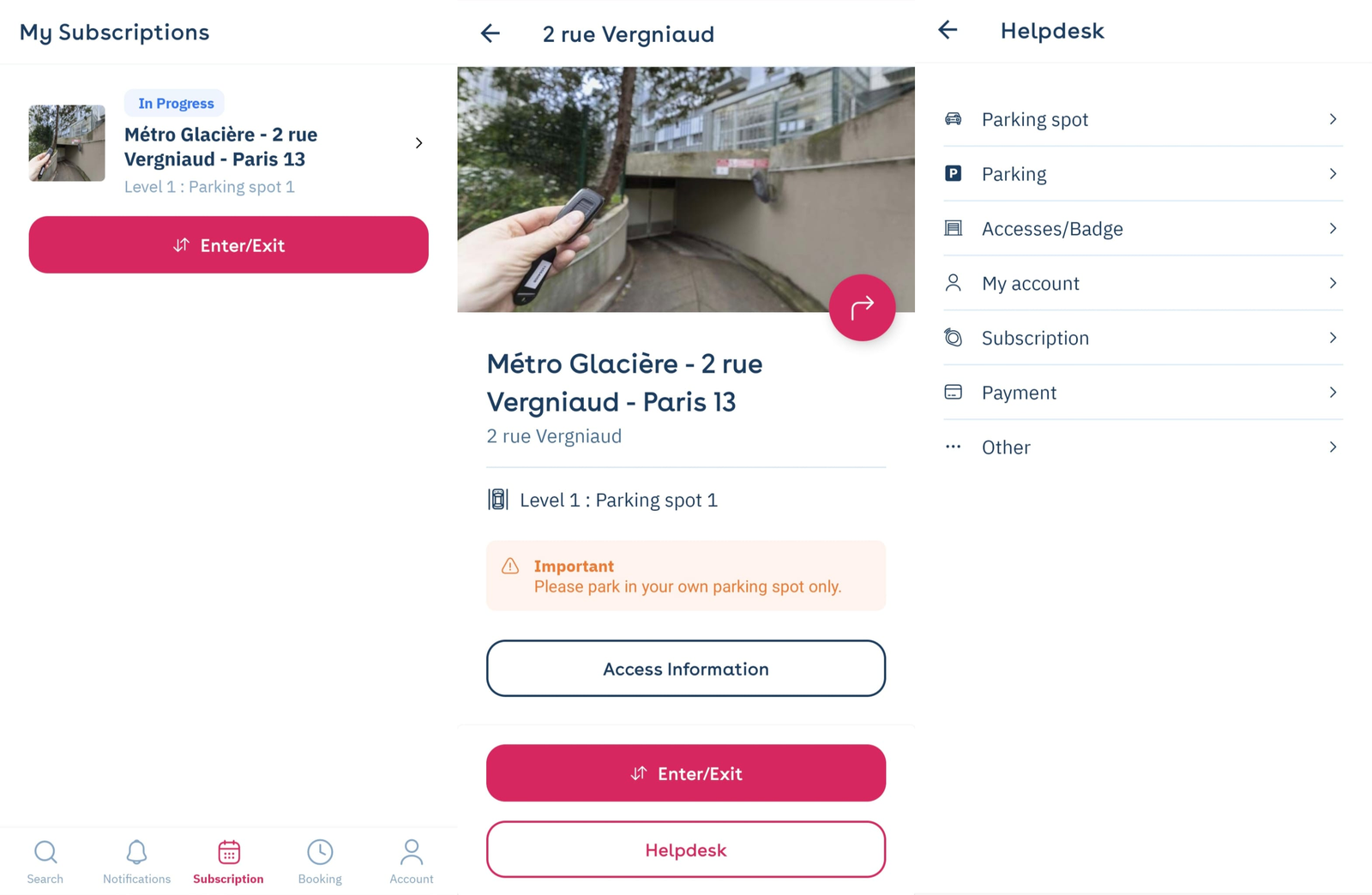 Three app screens: My Subscriptions, the subscription details with Enter/Exit and Helpdesk buttons, then the list of Helpdesk topics