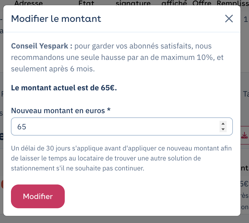 Yespark-Eigentümerbereich: Fenster Betrag ändern, Tipp zu Preiserhöhungen und Frist von 30 Tagen