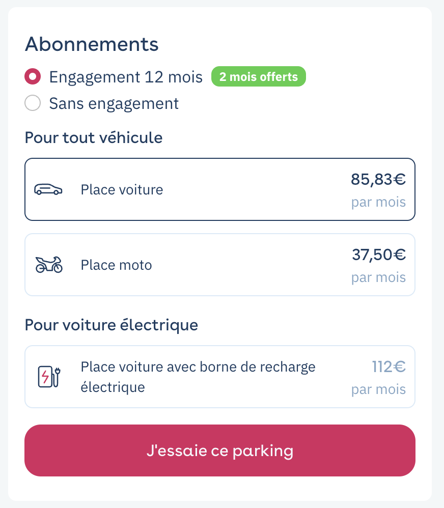 Parking-Seite: Auswahl zwischen 12 Monaten Mindestlaufzeit mit 2 geschenkten Monaten und ohne Mindestlaufzeit, Preis je Platztyp