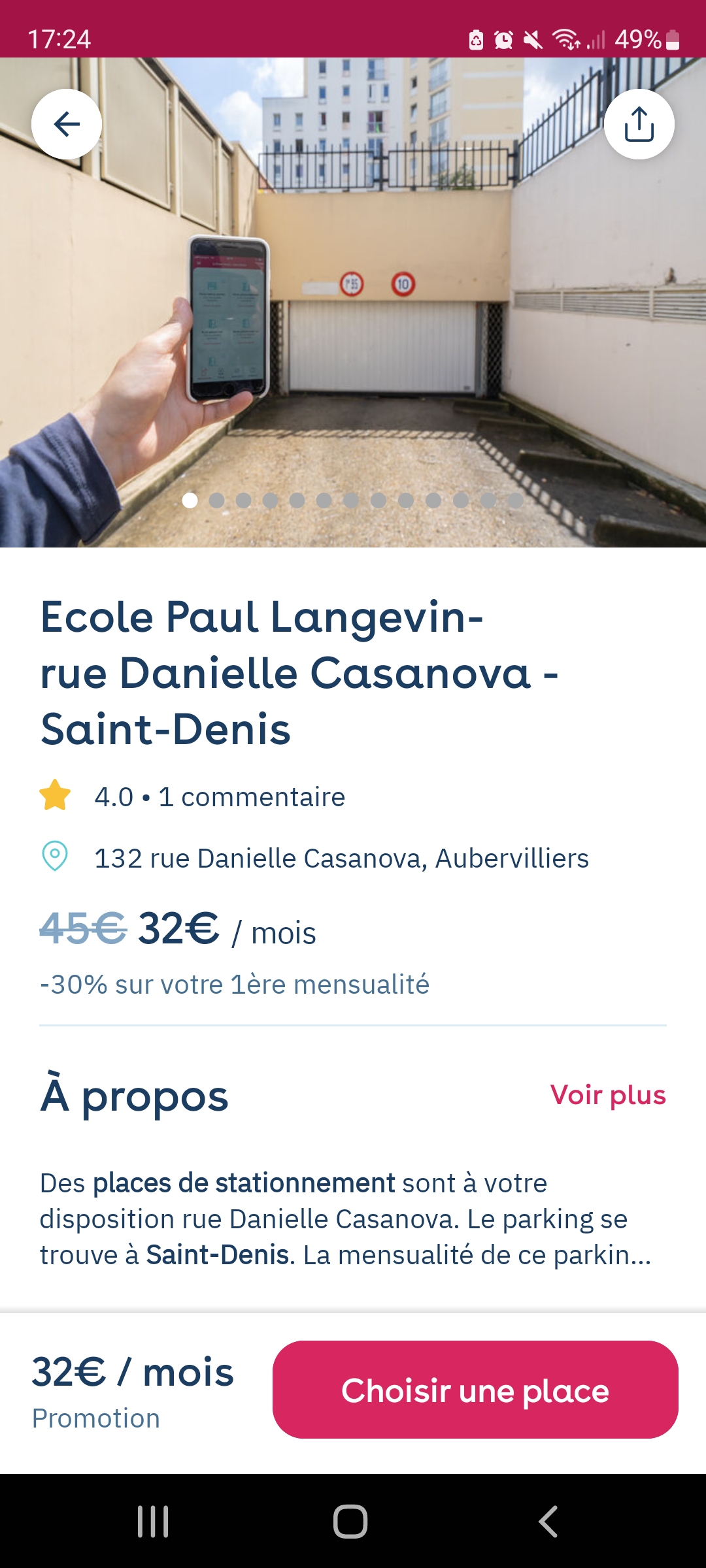 Yespark-App: Seite eines Parkings mit Rabattaktion, durchgestrichener Preis und -30 % auf die erste Monatsrate