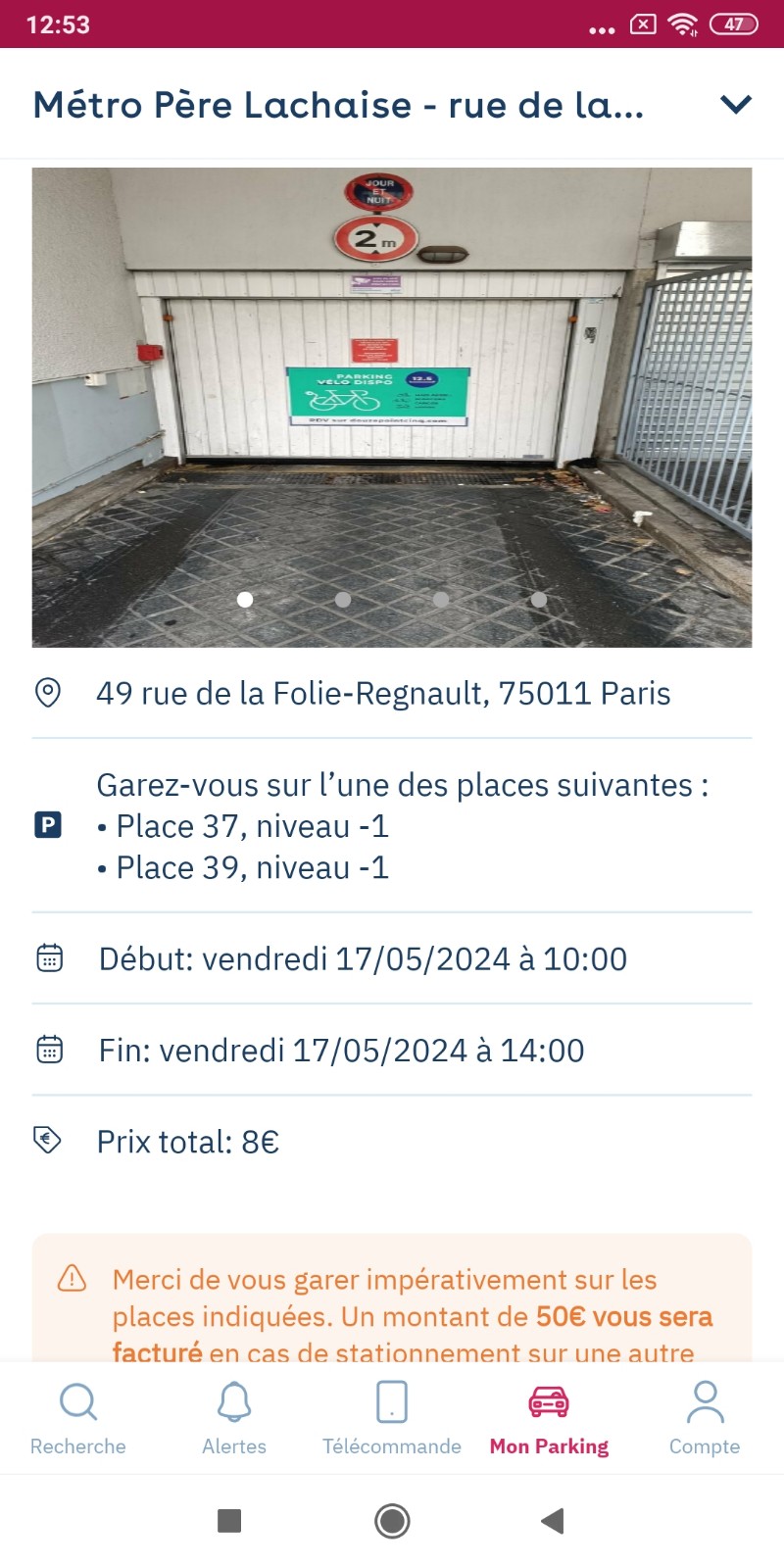 Yespark app: booking details with the garage address, allowed spots, start, end, and total price