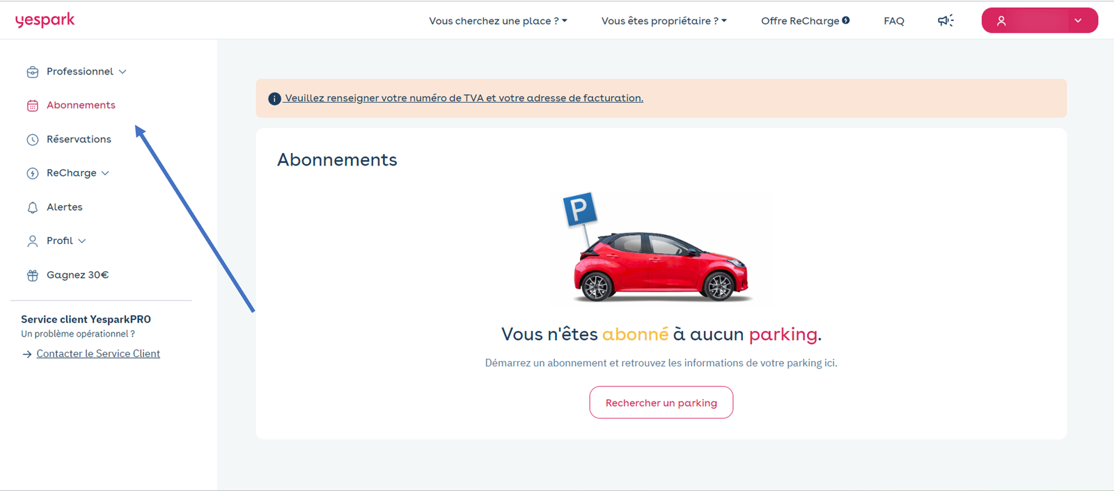Yespark-Pro-Kundenbereich im Web: seitliches Menü mit Abos, Buchungen, ReCharge und Profil
