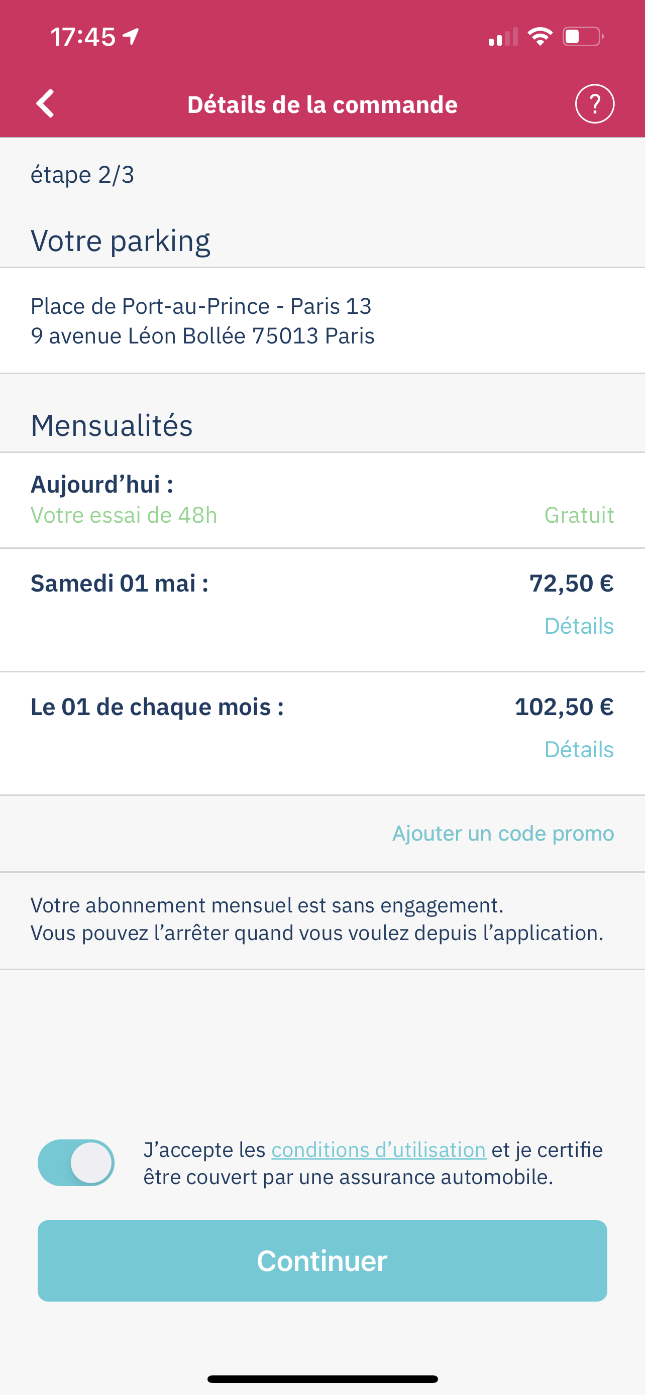 App Yespark: detalles del pedido, mensualidades tras la prueba y enlace Añadir un código promocional