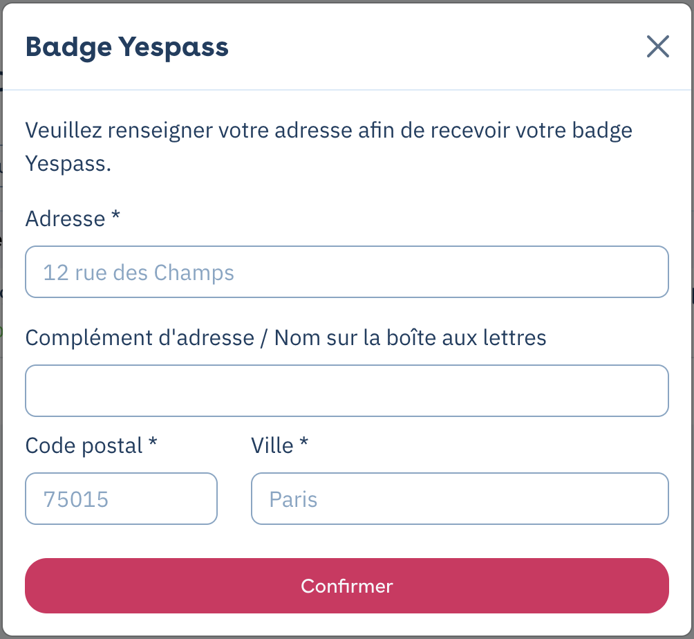 Ventana Badge Yespass: formulario de dirección para recibir el mando por correo postal