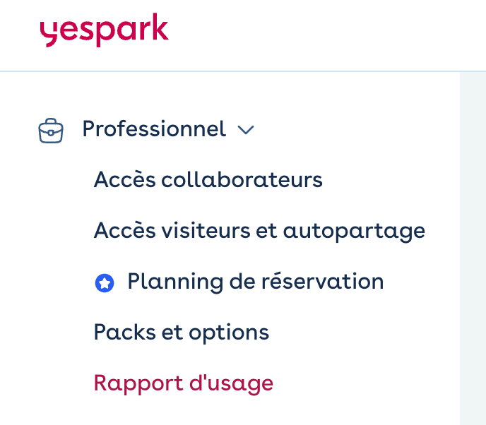 Área profissional Yespark: menu profissional, entrada do relatório de utilização assinalada