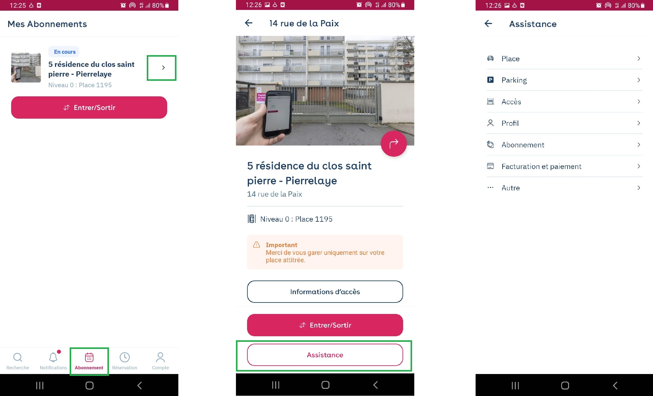 Yespark-App: Meine Abos, Abo-Seite mit eingerahmter Schaltfläche Hilfe, dann das Menü Hilfe