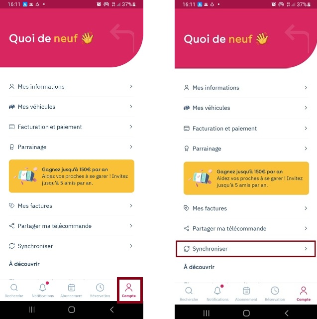 Yespark-App: Tab „Mein Konto“ markiert, dann Schaltfläche „Synchronisieren“ im Menü markiert
